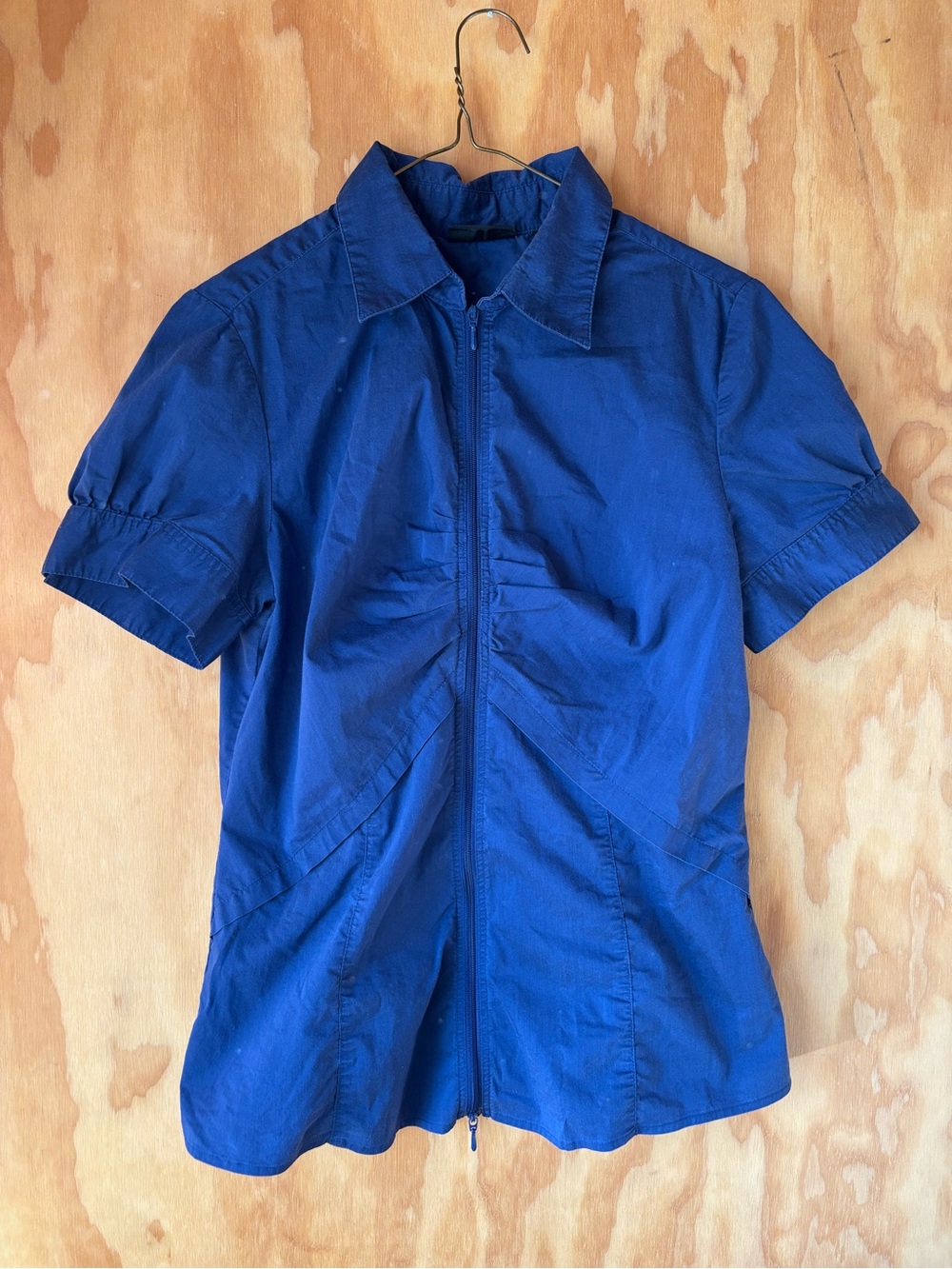 New York & Company Blue Utility Short-Sleeve Zipper Collared Blouse Women’s 10